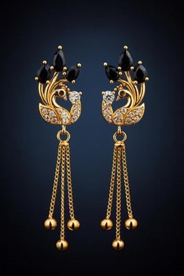 desi drapes Gold Plated Peacock Design Drop Earrings with Black Stones for Women and Girls Crystal Alloy Drops & Danglers, Jhumki Earring