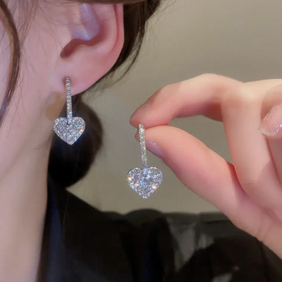 Jassa Korean Silver-Plated Sparkling Heart Drop Earrings Moonstone Alloy Stud Earring
