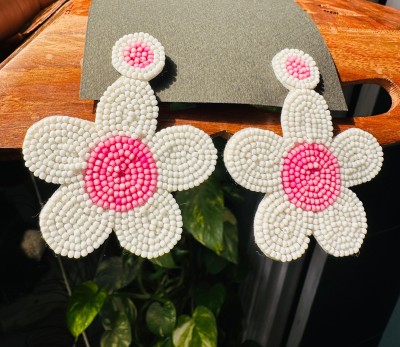 HOPSS white & pink flower handmade earring Beads Fabric Drops & Danglers, Earring Set