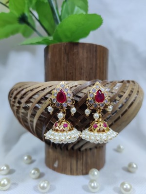 Rekha Jewellery Red Small Pan Tops Bellimoda Pearl Copper Jhumki Earring