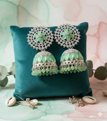 pas Unique green silver Bead Stone Jhumka Earrings for girls & women for party wear Cubic Zirconia, Crystal, Beads, Pearl Alloy Rhinestone Studs, Jhumki Earring, Earring Set, Drops & Danglers