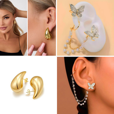 kurm shop ESRING Korean Drop Earrings Combo | Butterfly Gold Pearl Chain Cubic Zirconia Alloy, Brass Drops & Danglers, Earring Set, Stud Earring
