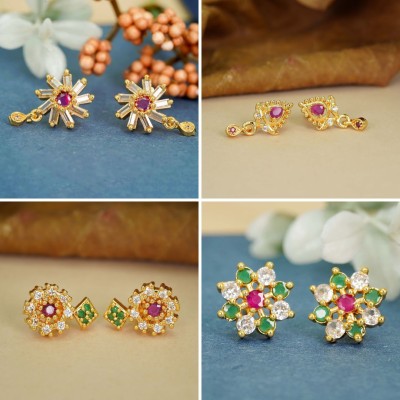 Dency Elegant Look Pack of 4 with 22K Gold-Plated Earrings Crystal, Diamond Brass Stud Earring