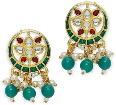 fabula Green Meenakari Kundan Floral Design Ethnic Stud Earrings for Women & Girls Beads, Crystal Alloy Stud Earring
