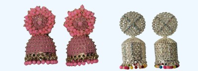 OKU Oxidized layered Jwellery Earrings (Pink Beaded & Chamki Hollow) Combo 2 Alloy Jhumki Earring