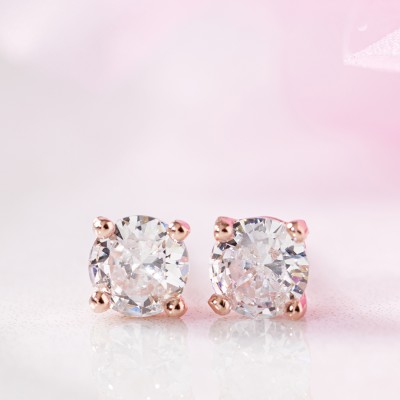 ZAVYA Rose Gold Plated CZ Solitaire Earrings | With Certificate of Authenticity Cubic Zirconia Sterling Silver Stud Earring