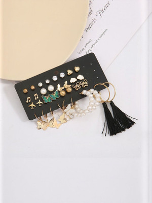 Dressberry Combo Of 17 Pair Gold Plated Stud And Tassel Pearl Hoop Earrings For Women Pearl Alloy Stud Earring