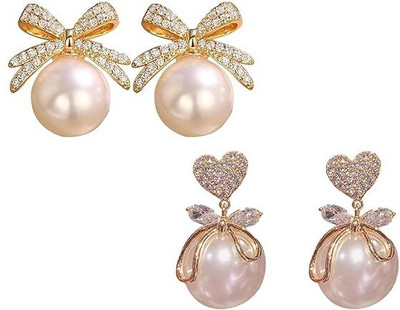 VIDIMO Heart & Bow Gold Plated Pearl Earring Combo for Women Cubic Zirconia, Pearl, Crystal Brass, Alloy, Acrylic Drops & Danglers, Earring Set, Stud Earring, Jhumki Earring