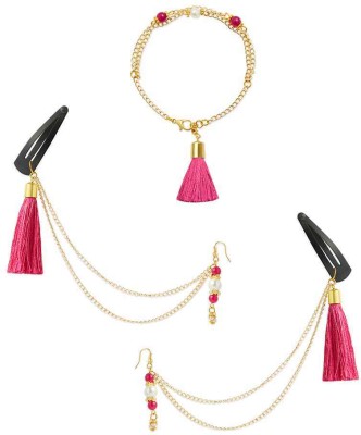 RibbonCandy A festive set of 1 pair multicolor beaded tassle chain earring matching bracelet Brass Tassel Earring