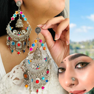 Ashir Oxidised multi peacock jhumka Earrings with nosepin for women and girls Alloy Jhumki Earring