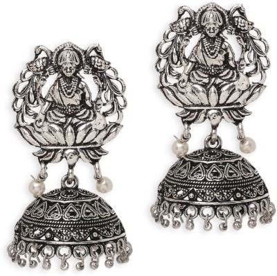 fabula Oxidised Silver Green & Pink Stone Large Bird Shape Ethnic Beads, Crystal Alloy Jhumki Earring