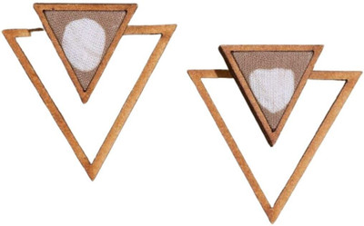 Whe Beige Two Look in One Upcycled Fabric and Repurposed Wood Triangle Earring Wood Ear Thread