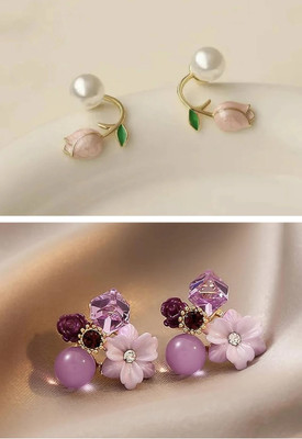 Tiso Set of 2 Korean Style Purple Crystal Earrings for Women Fashion Pearl Alloy Stud Earring