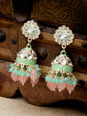 Studio Sukkhi Lavish Kundan With Meenakari Gold Plated Mint Green Jhumka/Jhumki Earrings Alloy Jhumki Earring