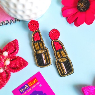 Tipsy Closet y2k Quirky Red Lipstick Earrings Handmade Beads Sequins Earrings Women Girls Beads, Pearl Fabric, Mother of Pearl, Stone Drops & Danglers, Earring Set, Jhumki Earring, Stud Earring, Tassel Earring
