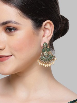 Karatcart Antique Gold Plated Green Meena Golden Pearl Drop Earrings for Women Alloy Drops & Danglers