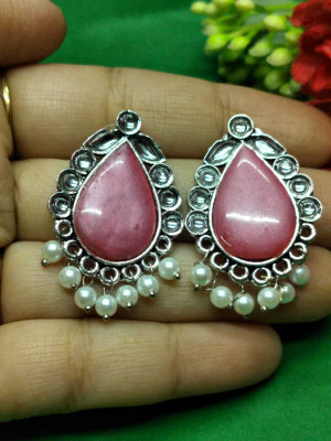 ADornAccessory Oval Shapped Oxidised Earrings With Pearl Hangings and Stone Work Brass Drops & Danglers