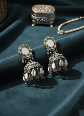 Harmi collection Oxidized Silver Plated Cowrie Shell Mirror Jhumka Earrings for Women Shell, Alloy Drops & Danglers, Chandbali Earring, Jhumki Earring