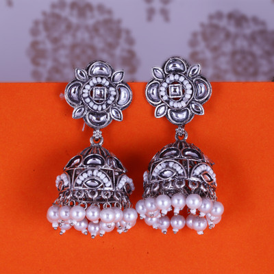 Divastri earrings for women jhumka Silver Oxidised traditional Kundan ear rings combo Alloy, Enamel, Metal, Zinc, Stone, Mother of Pearl Chandbali Earring, Jhumki Earring