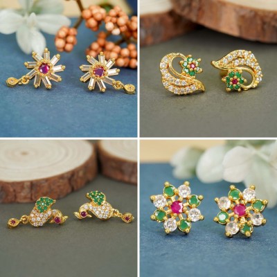 RAMDEV ART FASHION JEWELLERY Radiant Glow Combo of 4 with 22K Gold-Plated Studs Diamond Brass Earring Set