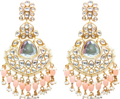 The Stone Aisle Traditional Kundan Chandbali Earrings with Orange Beads for Women Alloy Chandbali Earring