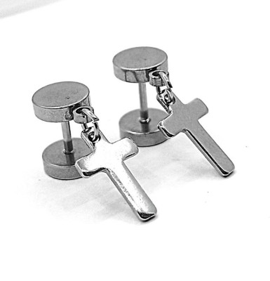 FOGGMART Silver Color Dumbbell Jesus Cross Stud Earrings For Boys & Girls (Pack Of 2) Metal Stud Earring, Earring Set
