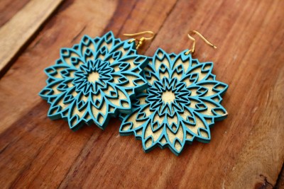 WOOZY WORK WOOZY WORK Blue Floral Golden Antic Earrings For Women Wood Earring Set, Clip-on Earring