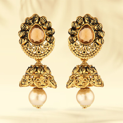 Golden Vine Antique Gold Oxidized Jhumka Earrings with Peach Pearls & Stones Metal Earring Set
