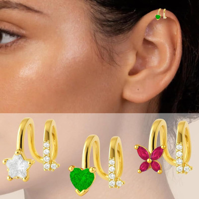 THANU'S CRAFT 3Pcs 18K Gold Plated Non Piercing Left Ear Cuff Anti Tarnish Earrings Crystal Metal Cuff Earring