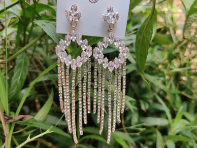 BlingZBae Stylish White Crystal Long Tassel Dangler Earrings for Women|Korean Earrings Crystal Alloy Tassel Earring, Drops & Danglers