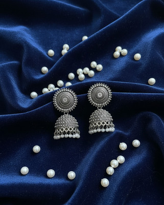 Shyneup Traditional Oxidized Silver Jhumka Earrings with Intricate Dome Design Cubic Zirconia Alloy Jhumki Earring