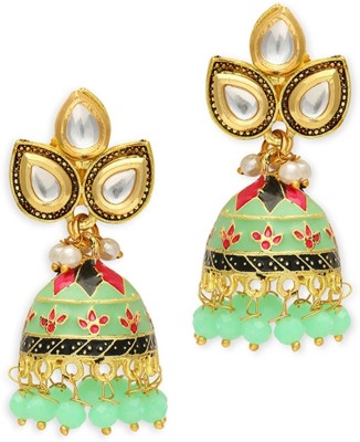 fabula Mint Green Meenakari Kundan & Pearls Ethnic Jhumka Earrings Beads, Crystal Alloy Jhumki Earring