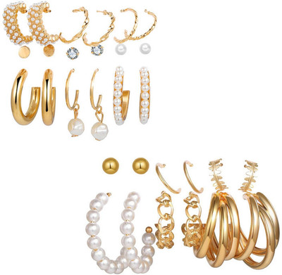 VIDALI Combo of 15 Pair Chain & Pearl Hoop and Stud Earrings For Women And Girls Pearl Alloy Hoop Earring