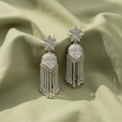 Crest Collection Silver-Plated Floral Dome Jhumka Earrings with Hanging Chains for Women Beads Alloy Jhumki Earring