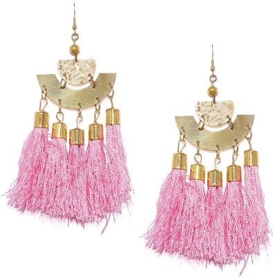 GOLDEN PEACOCK Gold-Toned and Pink Color Tasseled Drop Earrings Alloy, Fabric Drops & Danglers