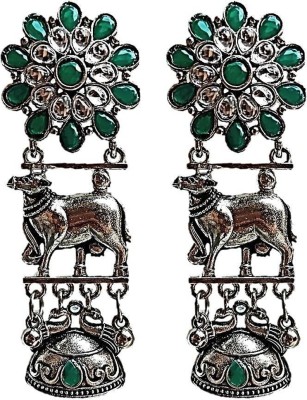 Muccasacra Cow Figurine SILVER GREEN stone Office wear Studded Beads, Crystal Alloy Beads, Crystal Alloy, Metal, Stone Stud Earring