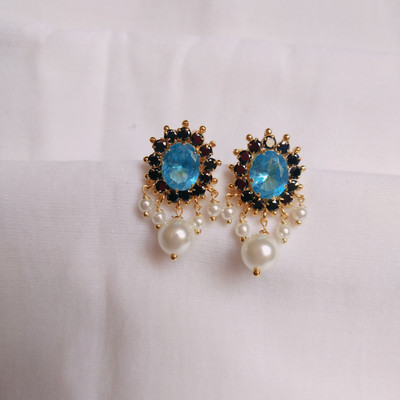 kurdekars divuu sky blue white stones and pearls fitted earrings stud Copper Stud Earring