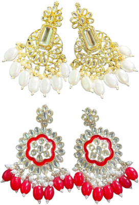 Hernger traders F&M_earring_White_05 & Meenakari_Flower_Red_03 Cubic Zirconia Alloy Earring Set