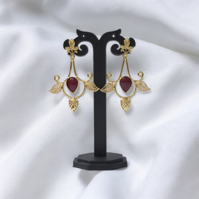 JHUMKARANI Leaf Shape Earrings 18k Gold Plated with Monalisa Stone Brass Jhumki Earring