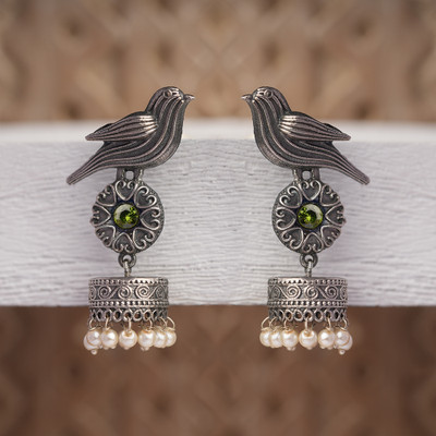 Sanseeta Chakori- Silver Brass Oxidised Jhumka Earrings(Parrot Green) Zircon Brass Jhumki Earring