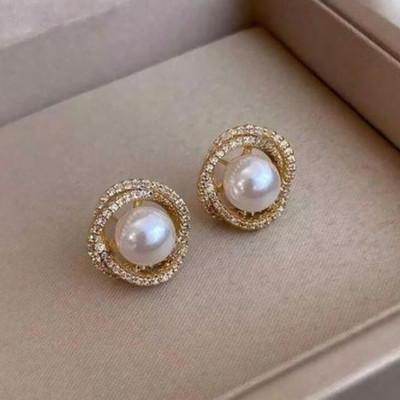 Kradhika Korean Gold-Plated Round Shaped CZ Diamond Pearl Stud Earrings For Women & Girls Pearl, Diamond Alloy Stud Earring