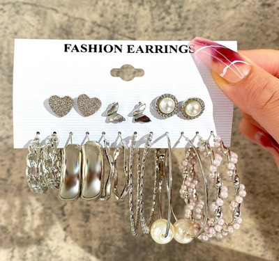 Vembley Combo Of 9 Pair Gold Plated Butterfly Heart Stud And Chain Pearl Hoop Earrings Pearl Alloy Hoop Earring