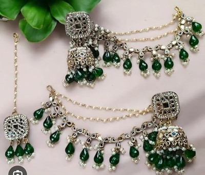 Aditya Fashion Gold-Plated Kundan & Beaded-Studded Maang Tika and Earrings Alloy Chandbali Earring