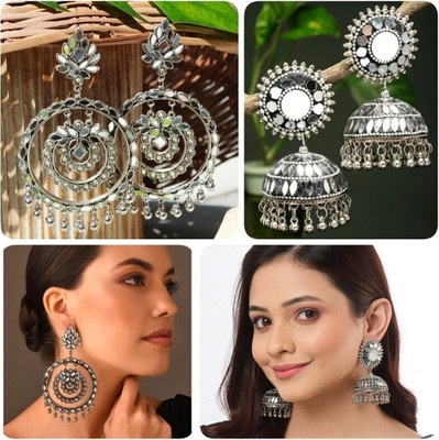 ISLANA Combo of 2 Oxidised Mirror Chandbali and Laak Jhumki or Jhumka Earrings Alloy Jhumki Earring