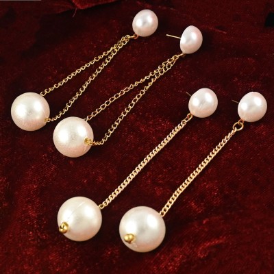 baniyabuddy Long Hanging Earrings Combo with Gold Chain & White Pearls for Girls & for Gift Pearl Brass Drops & Danglers, Earring Set