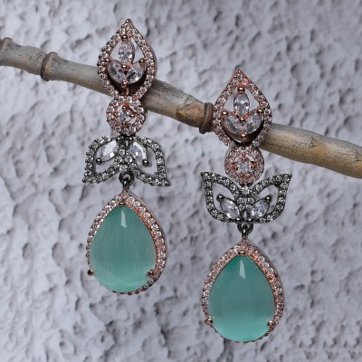 ZENEME Gunmetal Toned Sea Green American Diamond Teardrop & Leaf Shaped Drop Earrings Cubic Zirconia Brass Drops & Danglers