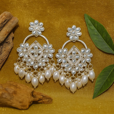 vastu Floral Kundan & Pearl Statement Earring for Women | Silver-Plated Ethnic Stone Chandbali Earring
