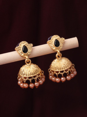 GLAMACE Traditional Gold-Plated Jhumka Earrings with tear shaped Stone and Pearl Drops Cubic Zirconia Alloy Jhumki Earring