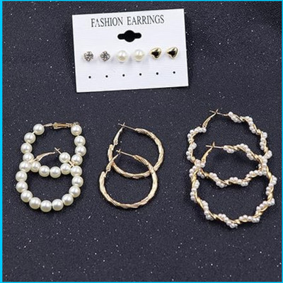 Nehdal Combo of 6 Pair Golden Heart Stone Stud/Pearl Hoop Earrings For Women Pearl Alloy Hoop Earring