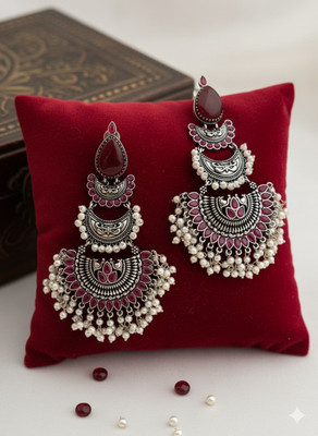 brassjewel Stunning long earrings crafted in elegant silver, featuring a radiant red stone Beads Brass Stud Earring